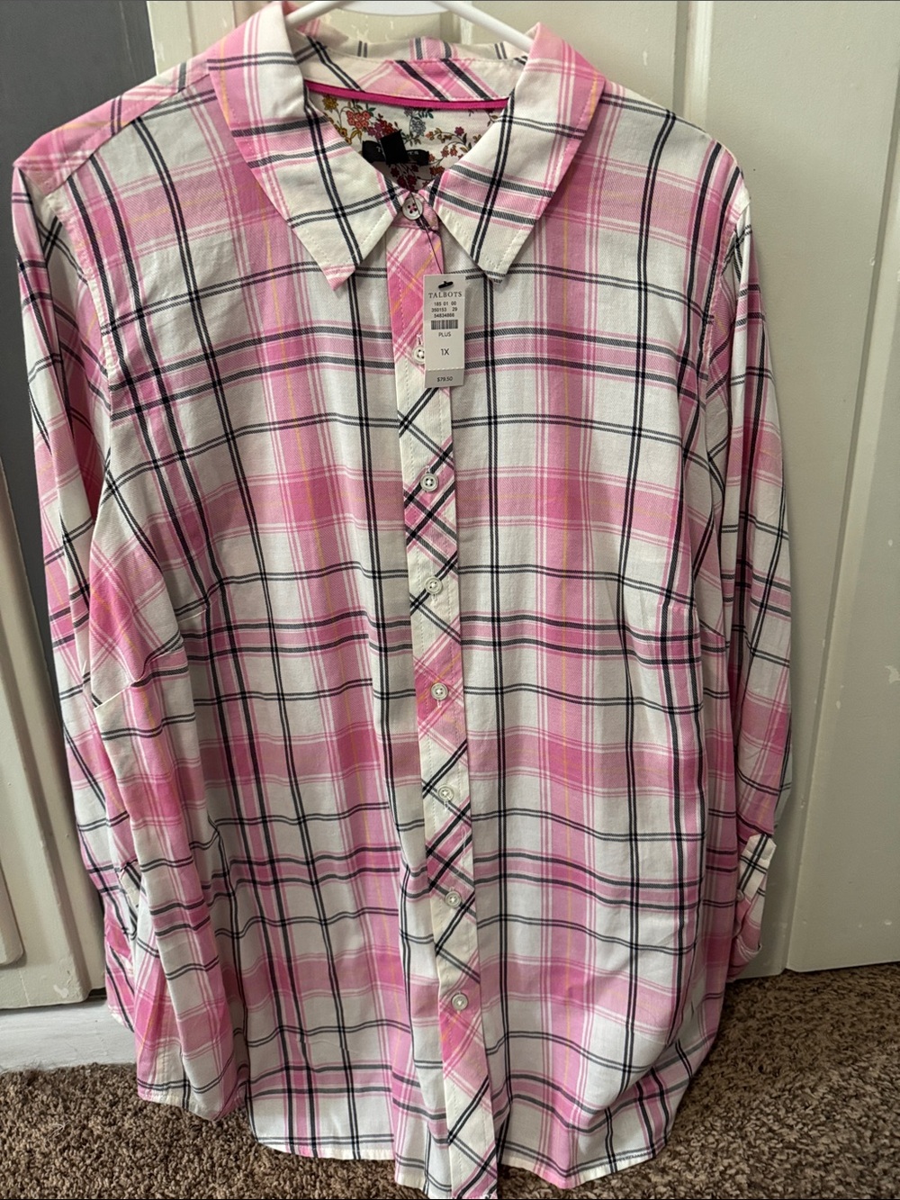 Talbots Women’s Pink and White Plaid Button-Down Shirt